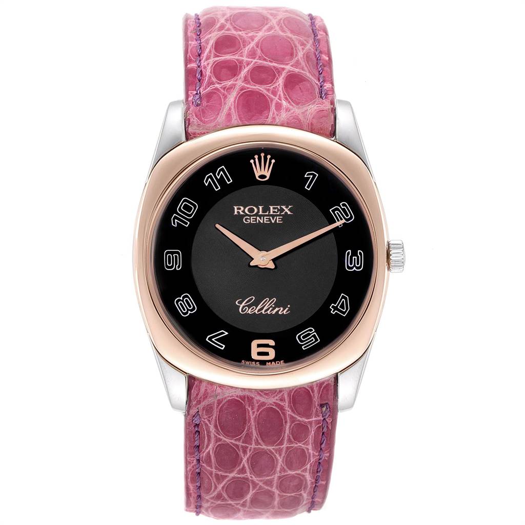 This image shows a front view of a Rolex Cellini 4233 Women's White Gold Black Dial 4233 Women's White Gold Black Dial watch with a pink leather strap and a black dial.