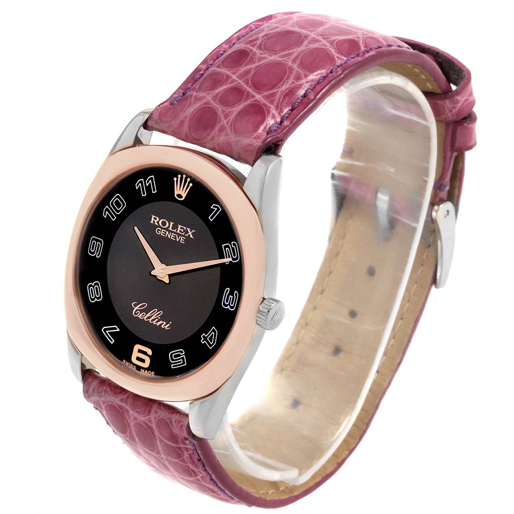 This image shows a Rolex Cellini 4233 Women's White Gold Black Dial 4233 Women's White Gold Black Dial watch at a slight angle, featuring its dial, case, and purple leather strap.