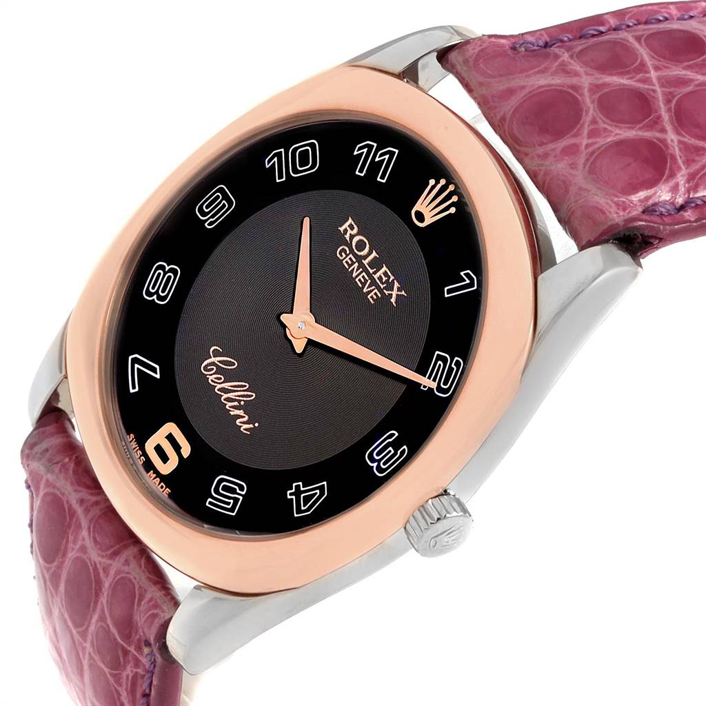 The image shows a close-up of a Rolex Cellini 4233 Women's White Gold Black Dial 4233 Women's White Gold Black Dial watch face, crown, and part of its purple strap at an angle.