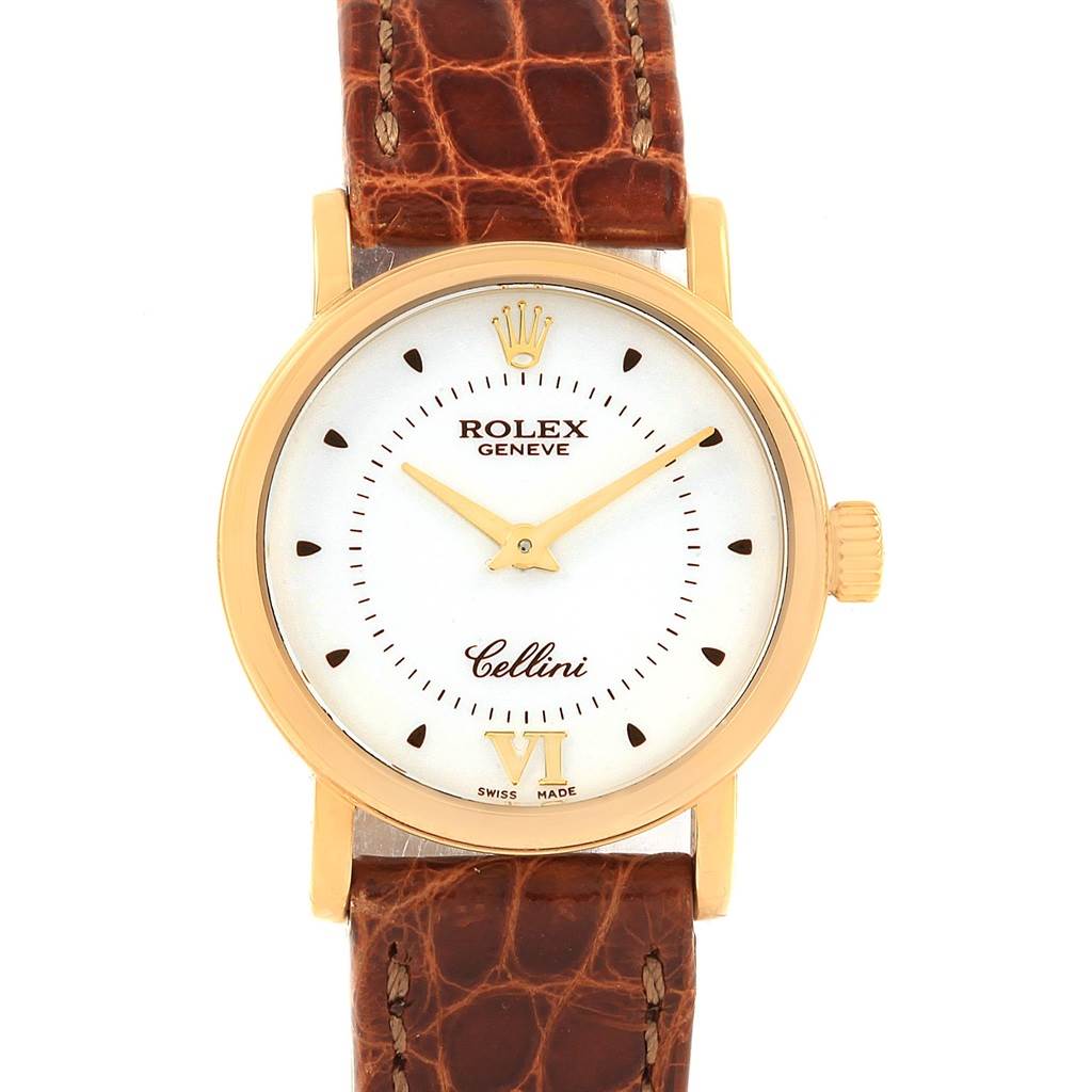This image shows a close-up, front-facing view of a Rolex Cellini 6110 Women's Yellow Gold Silver Dial 6110 Women's Yellow Gold Silver Dial watch, highlighting its dial, hands, case, and strap.