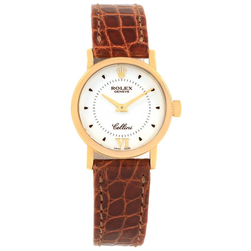 The image shows a front view of the Rolex Cellini 6110 Women's Yellow Gold Silver Dial 6110 Women's Yellow Gold Silver Dial watch, highlighting its case, dial, hands, and leather strap.