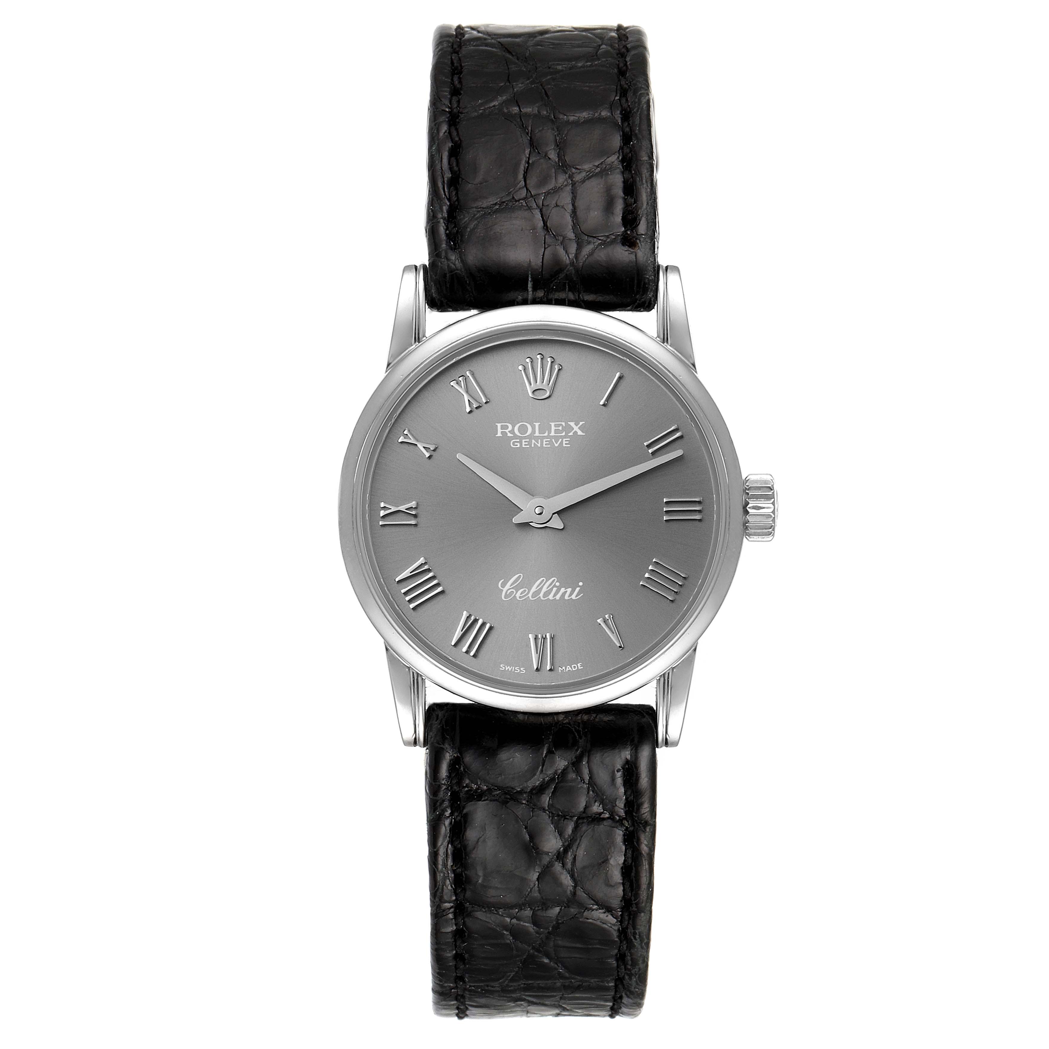 The image shows a front view of a Rolex Cellini 6111 Women's White Gold Grey Dial 6111 Women's White Gold Grey Dial watch featuring its dial and leather strap.