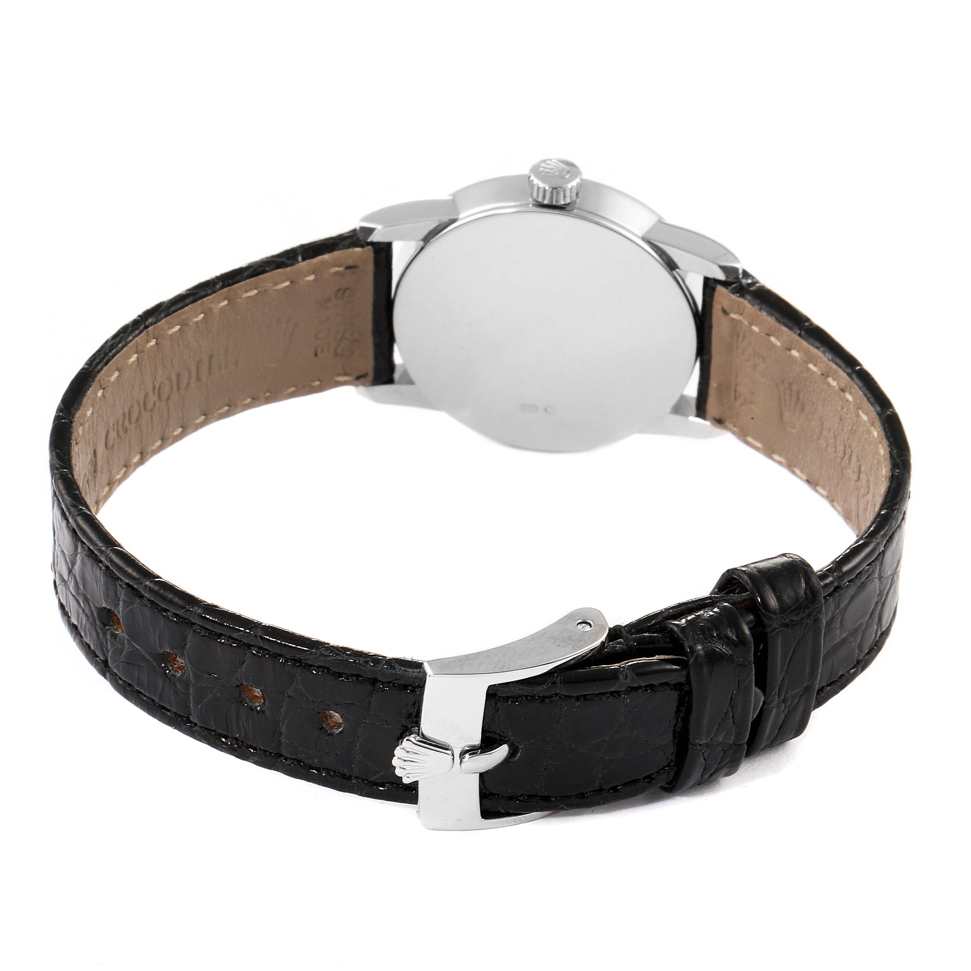 The image shows the back of a Rolex Cellini 6111 Women's White Gold Grey Dial 6111 Women's White Gold Grey Dial watch, highlighting the leather strap and buckle.