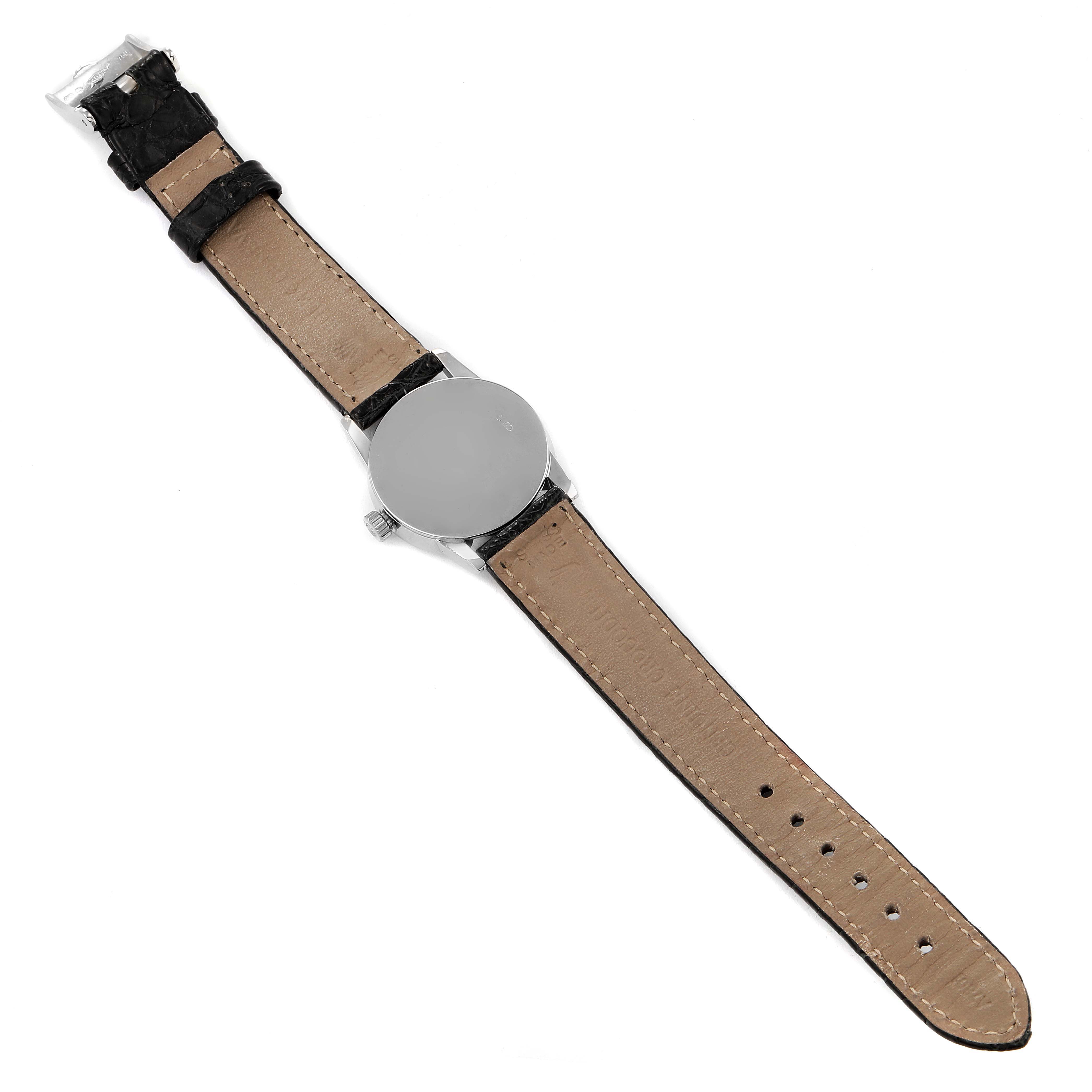 The image shows the back side of a Rolex Cellini 6111 Women's White Gold Grey Dial 6111 Women's White Gold Grey Dial watch with the full strap and buckle visible.