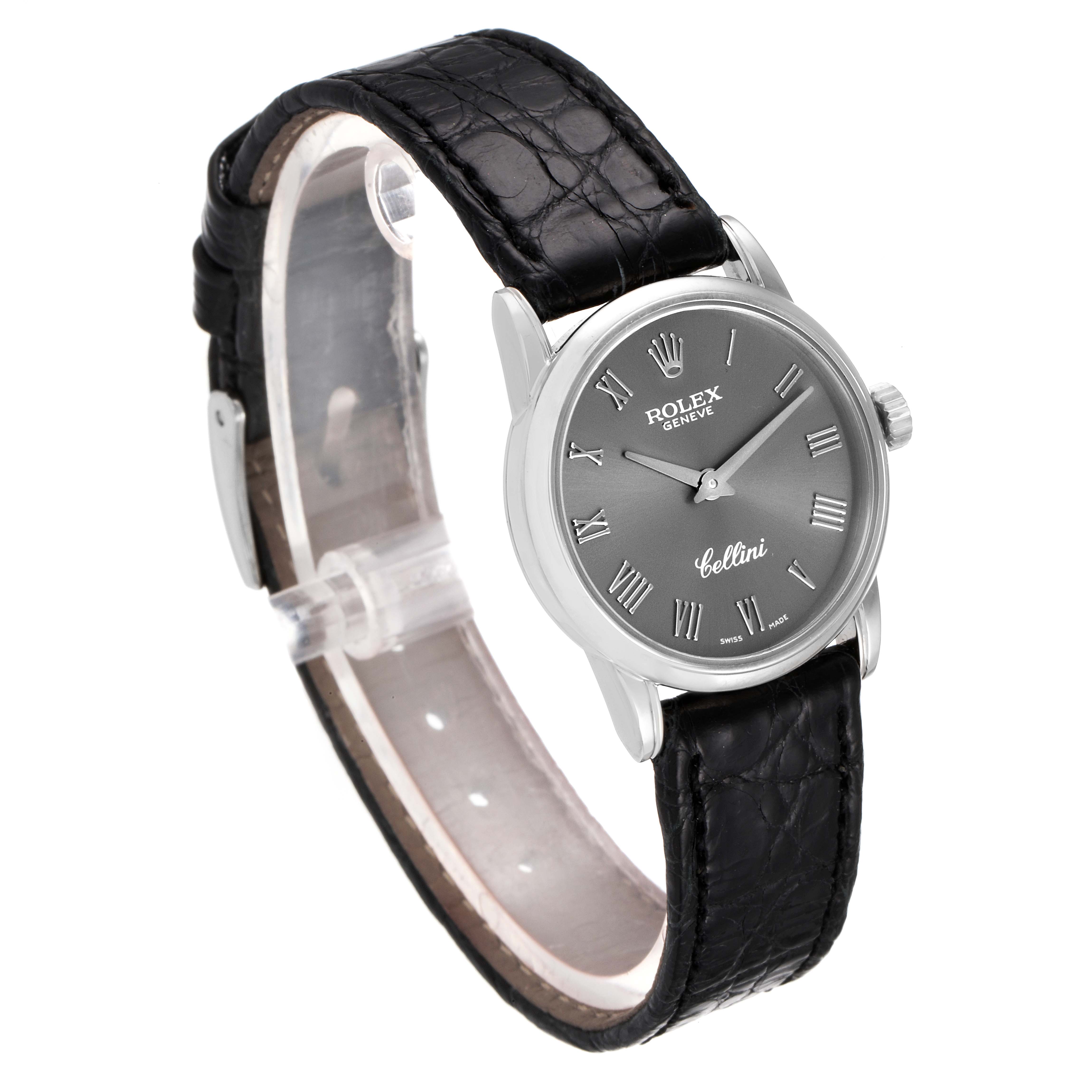 The image shows a Rolex Cellini 6111 Women's White Gold Grey Dial 6111 Women's White Gold Grey Dial watch at a front-angle view, highlighting its face, dial, crown, and black leather strap.