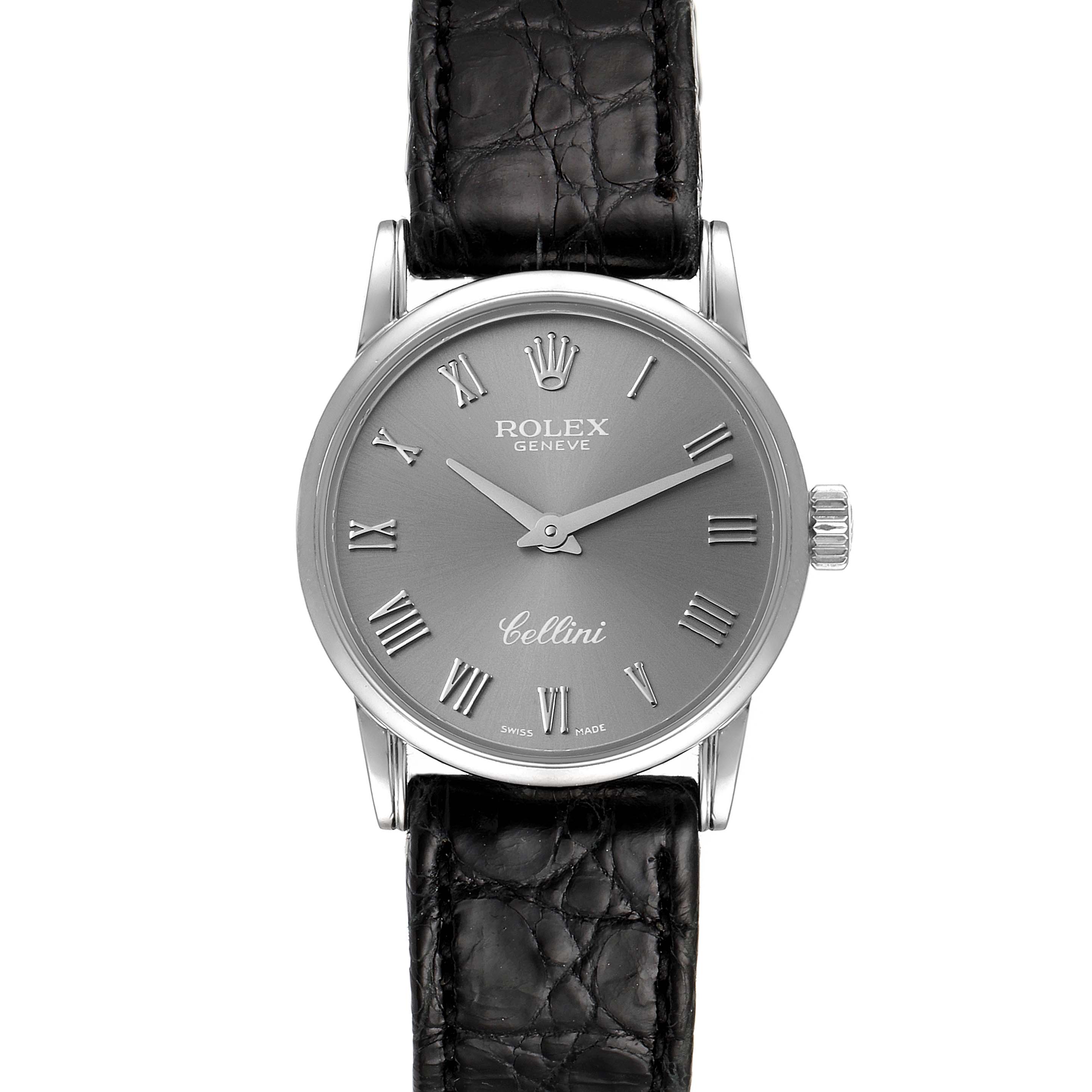 This image shows a front view of the Rolex Cellini 6111 Women's White Gold Grey Dial 6111 Women's White Gold Grey Dial watch, displaying its face, Roman numerals, and black leather strap.