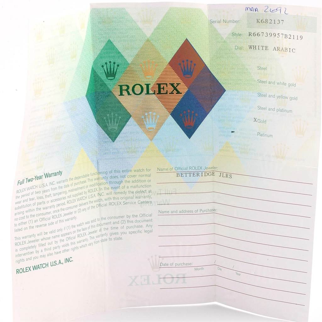 The image shows the warranty paperwork for a Rolex Cellini 6673 Women's White Gold White Dial 6673 Women's White Gold White Dial watch, featuring the brand's logo and several details on the model and materials.