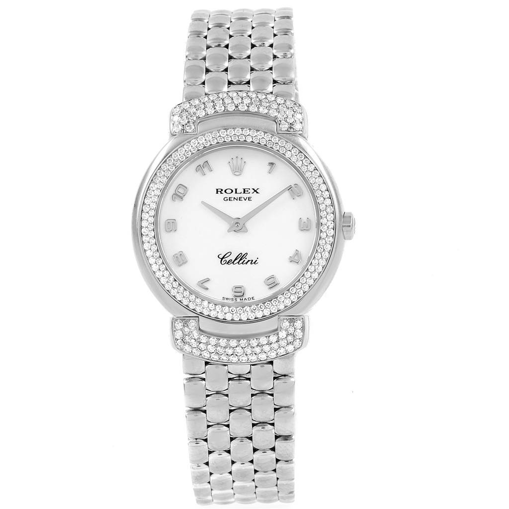 The image shows a front view of a Rolex Cellini 6673 Women's White Gold White Dial 6673 Women's White Gold White Dial watch, highlighting its round face, metal bracelet, and diamond accents on the bezel and lugs.
