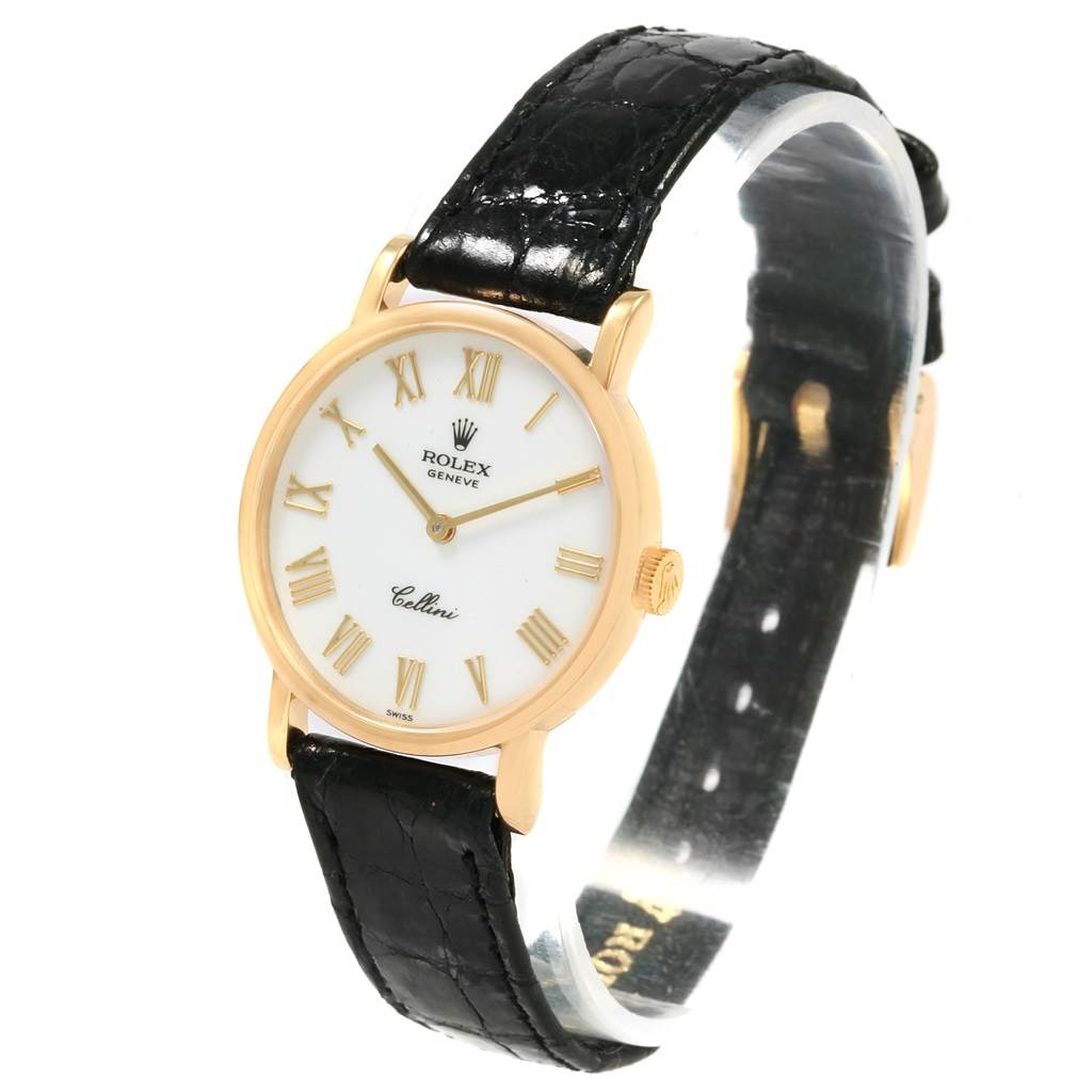 This Rolex Cellini 5109 Women's Yellow Gold White Dial 5109 Women's Yellow Gold White Dial watch is shown at a slight angle, displaying the face, strap, and side crown.