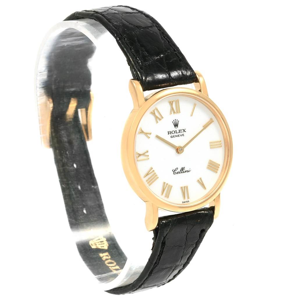 The image shows a side view of a Rolex Cellini 5109 Women's Yellow Gold White Dial 5109 Women's Yellow Gold White Dial watch with a round face, gold bezel, white dial, Roman numerals, and a black leather strap.