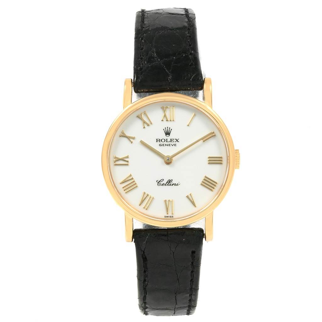 The image shows a Rolex Cellini 5109 Women's Yellow Gold White Dial 5109 Women's Yellow Gold White Dial watch, featuring a gold case, white dial with Roman numerals, and a black leather strap from a front view.