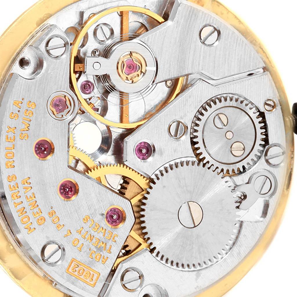 This image shows the detailed inner mechanical components of a Rolex Cellini 5109 Women's Yellow Gold Champagne Dial 5109 Women's Yellow Gold Champagne Dial watch from a close-up angle.