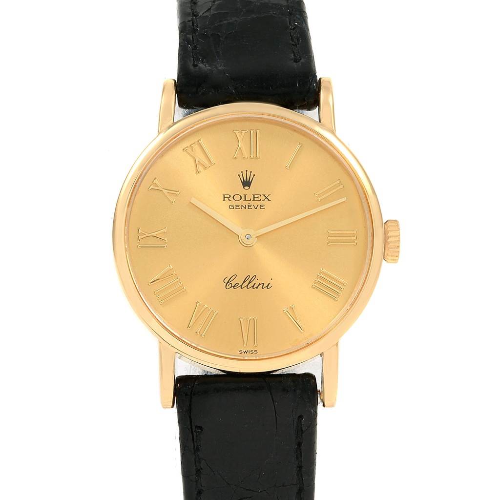 The image shows a frontal view of a Rolex Cellini 5109 Women's Yellow Gold Champagne Dial 5109 Women's Yellow Gold Champagne Dial watch with a gold dial and black leather strap.