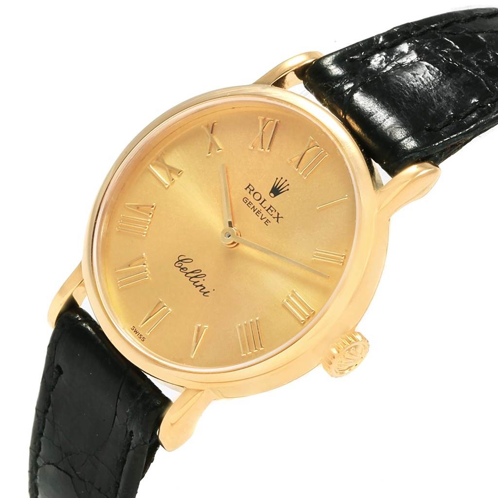 The image shows the face and part of the strap of a Rolex Cellini 5109 Women's Yellow Gold Champagne Dial 5109 Women's Yellow Gold Champagne Dial watch at a slight angle.