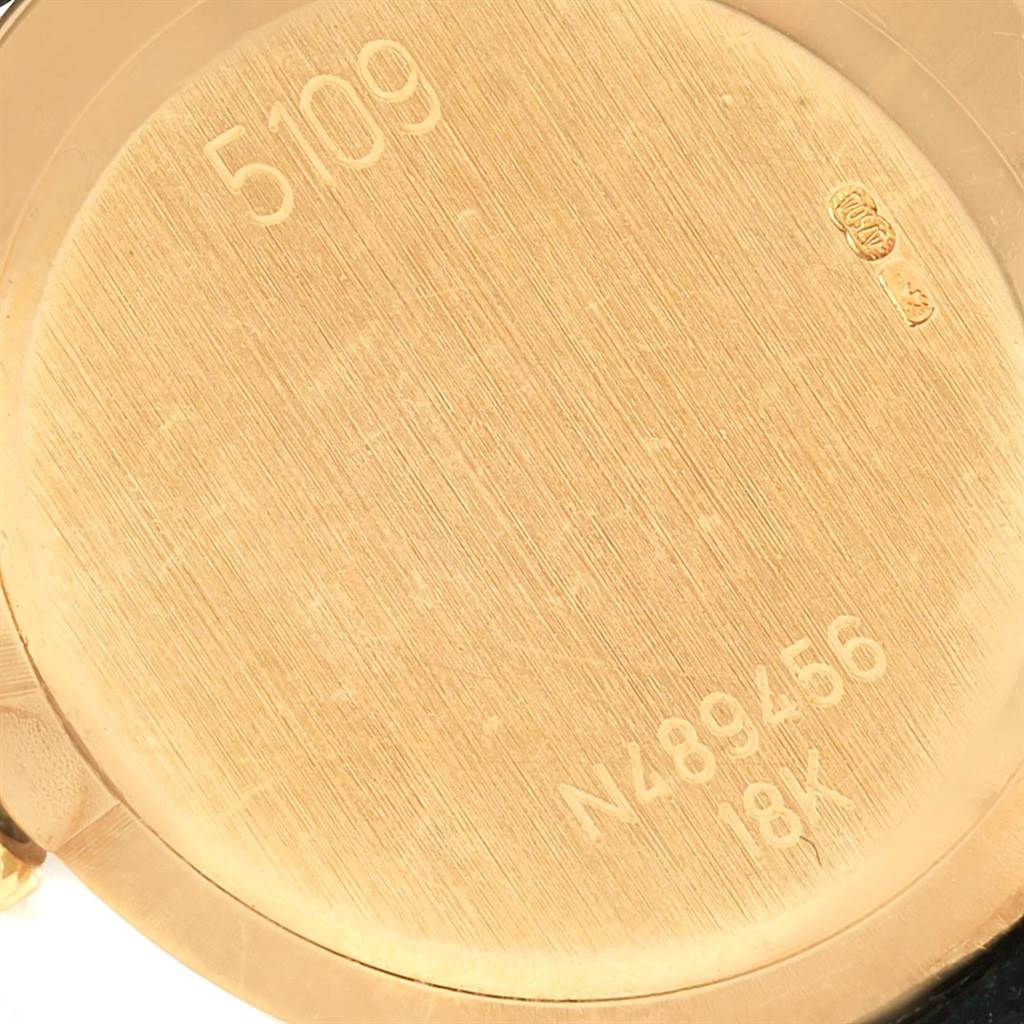 The image shows the back case of a Rolex Cellini 5109 Women's Yellow Gold Champagne Dial 5109 Women's Yellow Gold Champagne Dial watch, highlighting the model number and 18K gold marking.