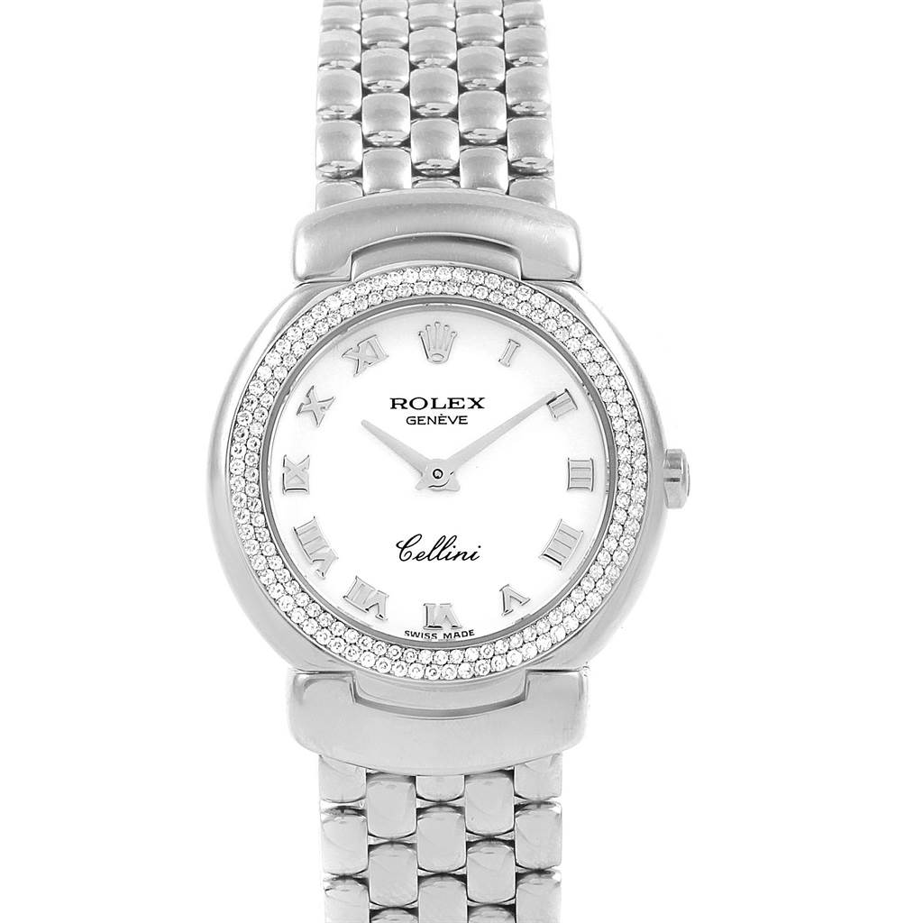 The Rolex Cellini 6671 Women's White Gold White Dial 6671 Women's White Gold White Dial watch is shown from a front angle, displaying the face, bezel, and bracelet.