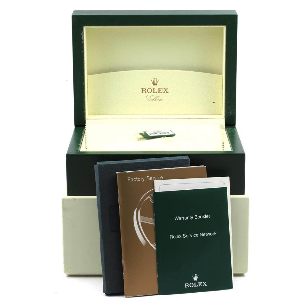 The image shows the open box, warranty booklet, and service booklets for the Rolex Cellini 6671 Women's White Gold White Dial 6671 Women's White Gold White Dial watch.