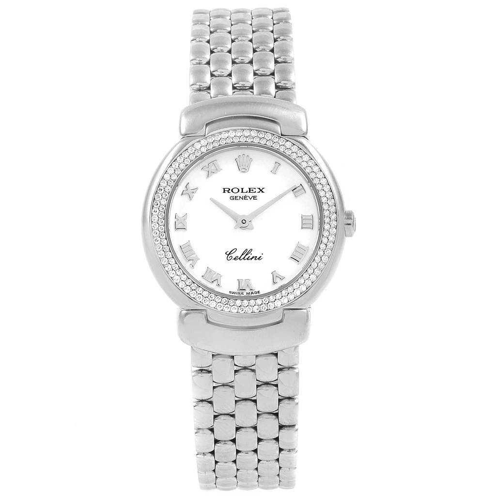The Rolex Cellini 6671 Women's White Gold White Dial 6671 Women's White Gold White Dial watch is shown from a top-down angle, showcasing its face, bezel, and bracelet.