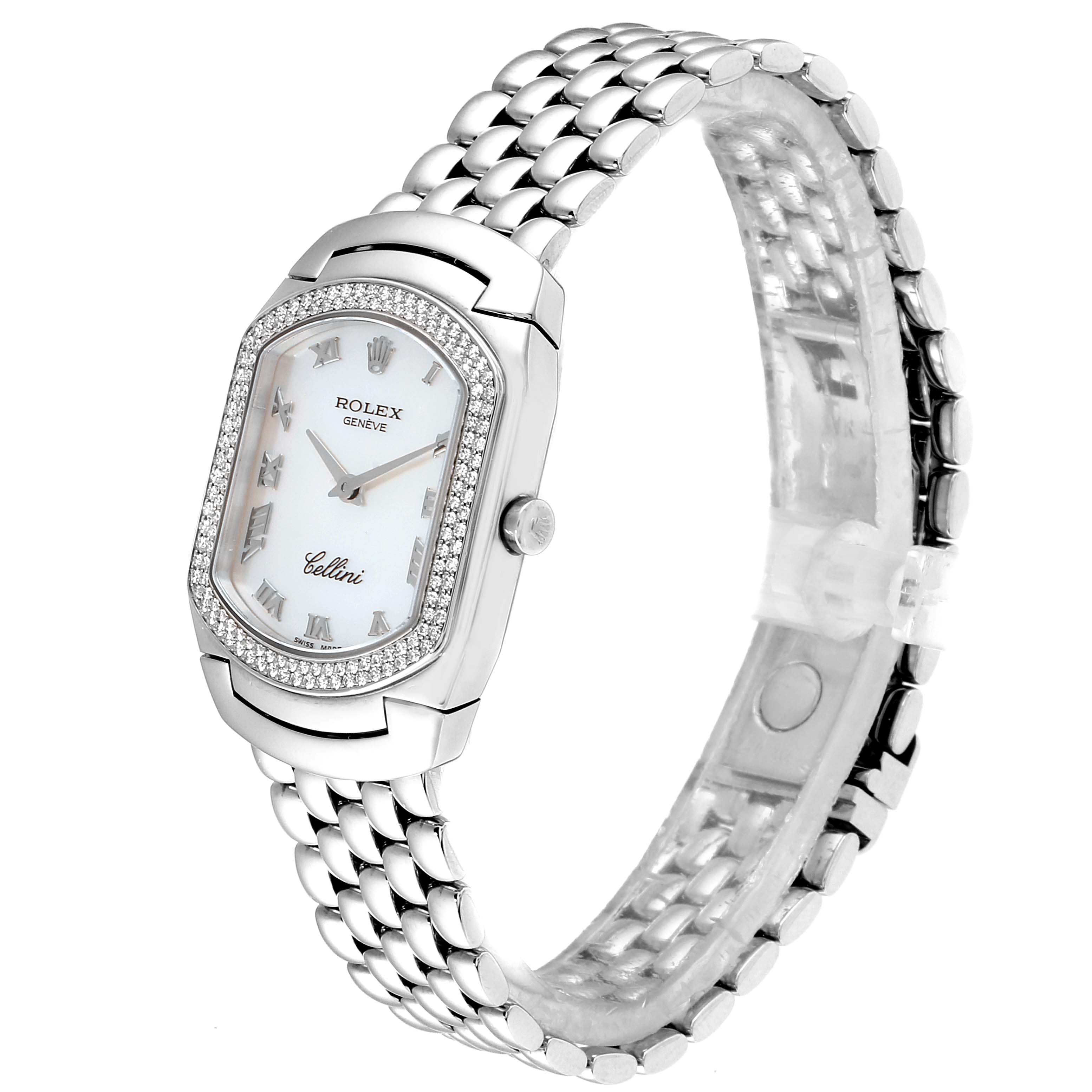 The image shows a Rolex Cellini 6691 Women
s White Gold Mother of Pearl Dial 6691 Women
s White Gold Mother of Pearl Dial watch at an oblique angle, highlighting its face, bezel, dial, and bracelet.