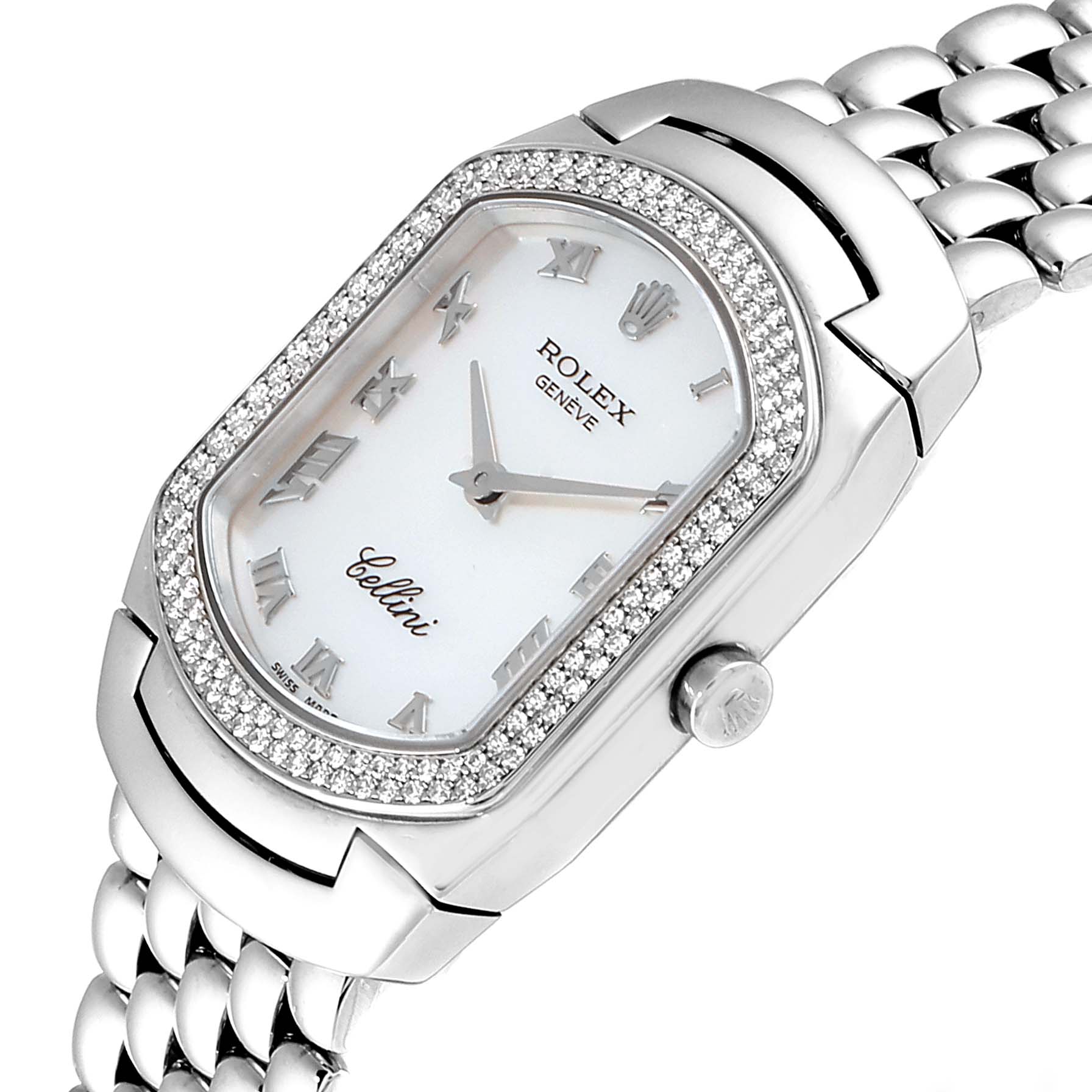 The image shows a close-up view of the Rolex Cellini 6691 Women
s White Gold Mother of Pearl Dial 6691 Women
s White Gold Mother of Pearl Dial watch, highlighting its bezel, dial, hands, and part of the bracelet.