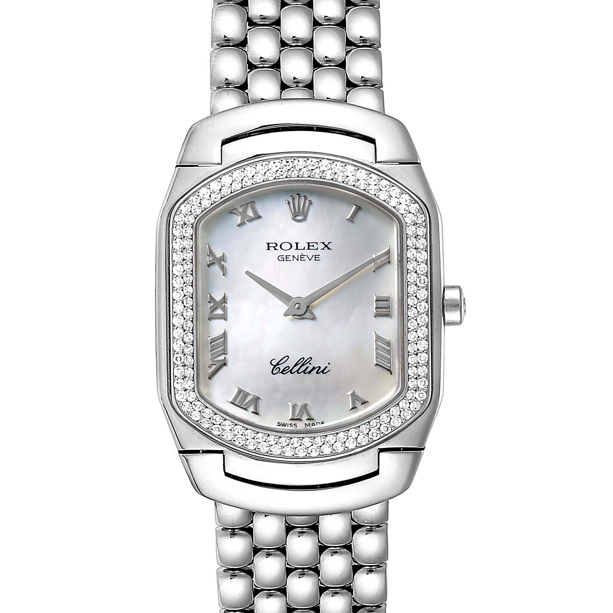 The image shows the front view of a Rolex Cellini 6691 Women
s White Gold Mother of Pearl Dial 6691 Women
s White Gold Mother of Pearl Dial watch displaying its face, bezel, and part of the bracelet.