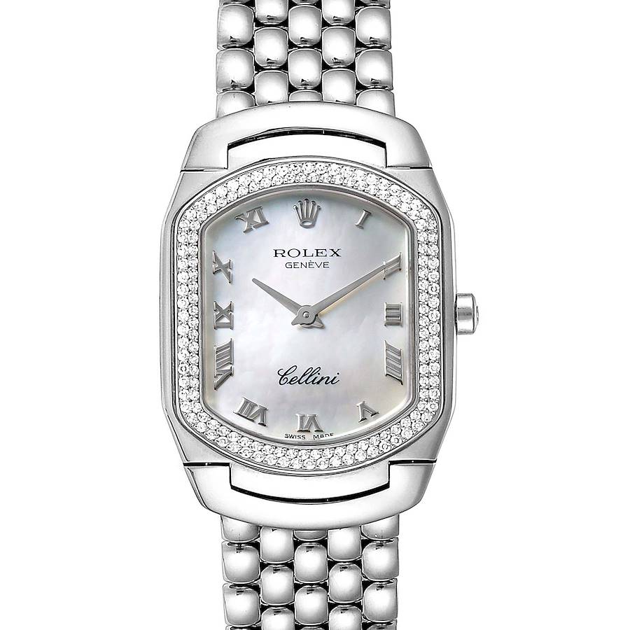 The image shows the front view of a Rolex Cellini watch displaying its face, bezel, and part of the bracelet.