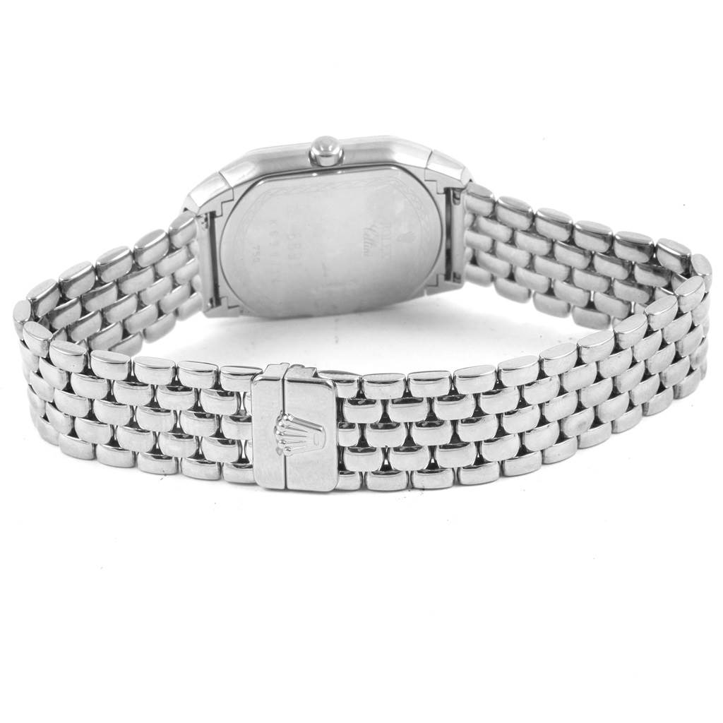 The image shows the back view of a Rolex Cellini 6691 Women
s White Gold Mother of Pearl Dial 6691 Women
s White Gold Mother of Pearl Dial watch, highlighting the clasp and bracelet.