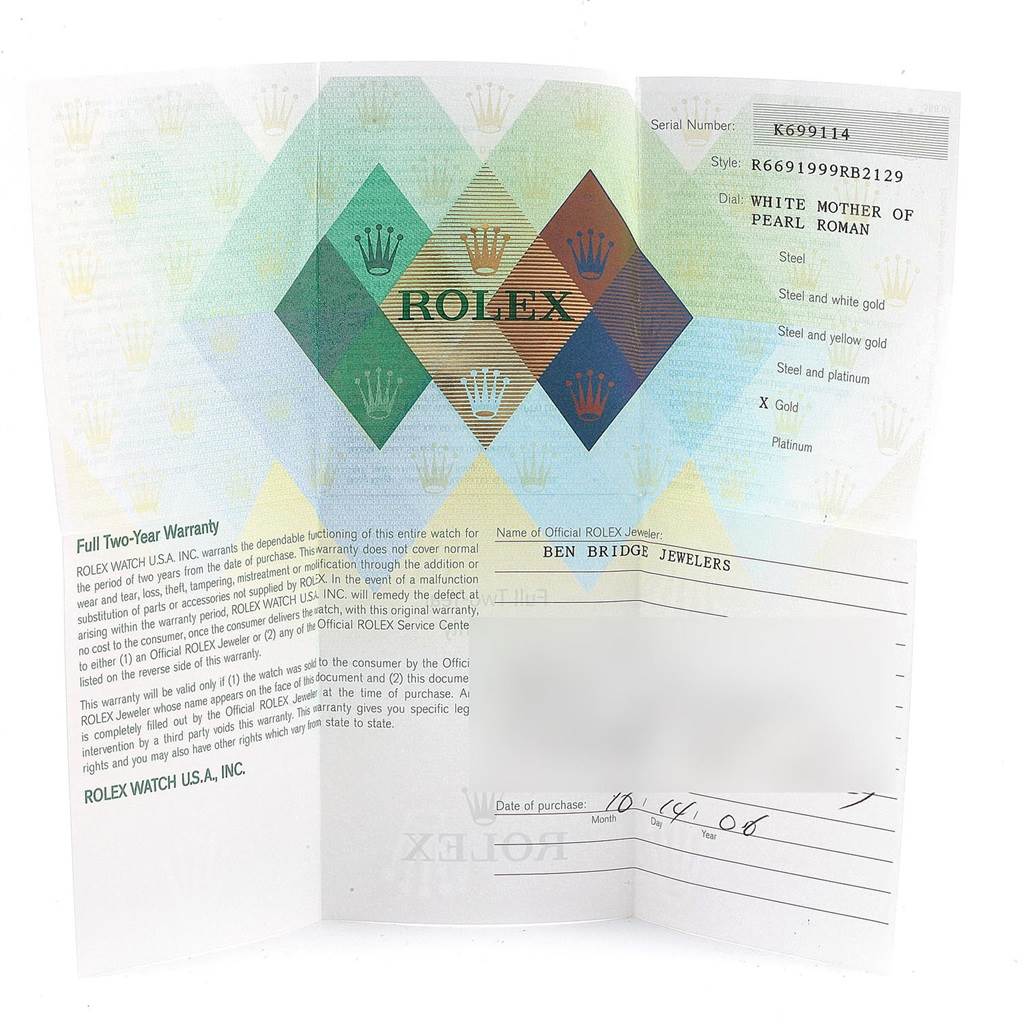 The image shows the official warranty card for a Rolex Cellini 6691 Women
s White Gold Mother of Pearl Dial 6691 Women
s White Gold Mother of Pearl Dial watch model.