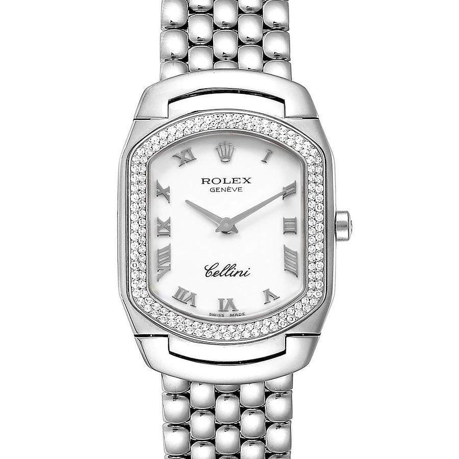 This image shows a front view of a Rolex Cellini watch displaying the face, bezel, and part of the metal bracelet.