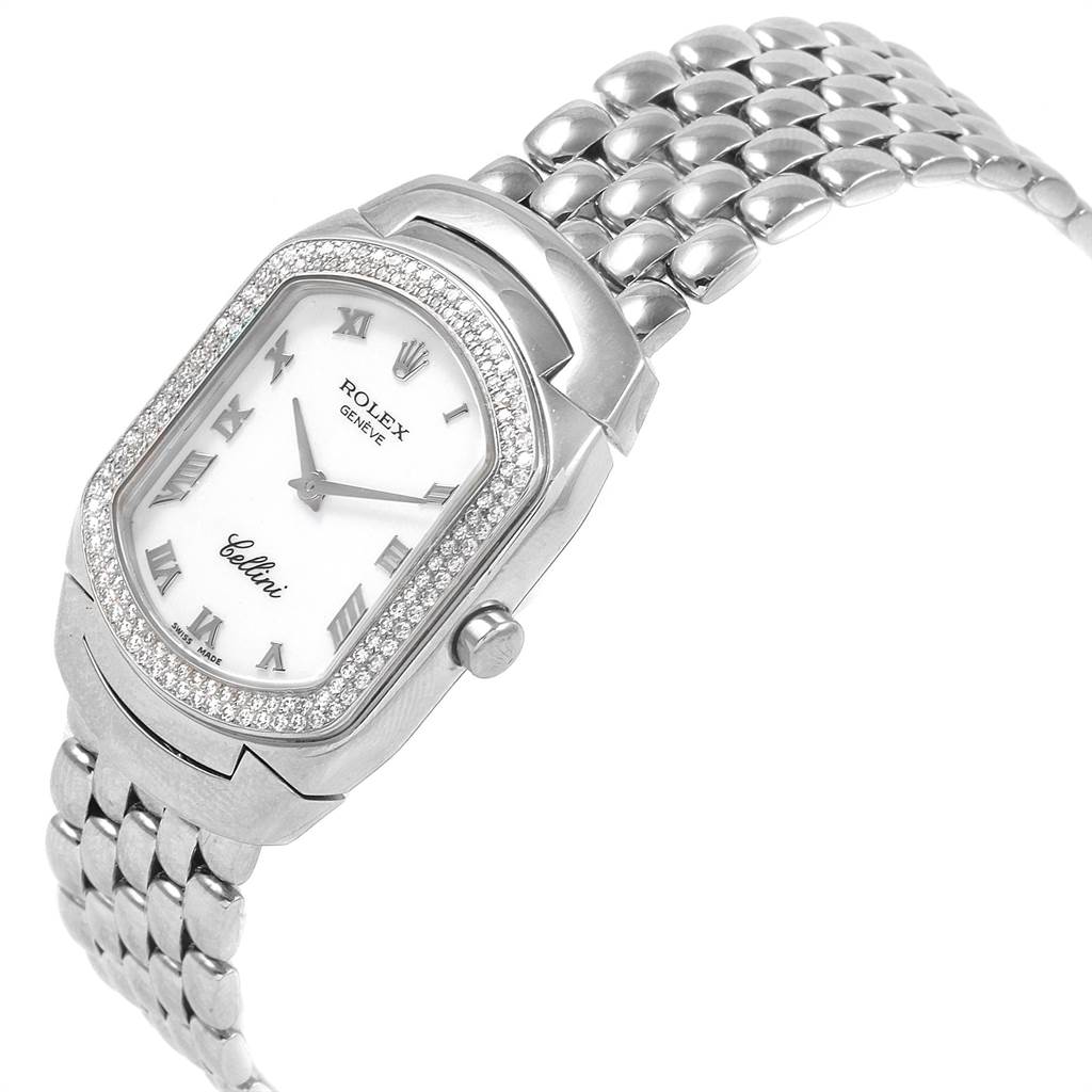This image shows a Rolex Cellini 6691 Women's White Gold White Dial 6691 Women's White Gold White Dial watch at an angled view, highlighting its face, crown, and metal bracelet.