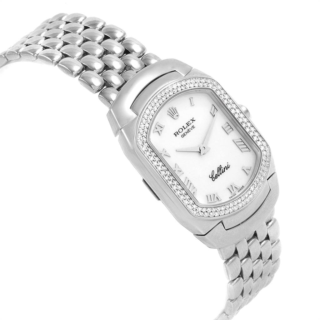 The image shows a Rolex Cellini 6691 Women's White Gold White Dial 6691 Women's White Gold White Dial watch from a three-quarter angle, highlighting its bezel, dial, and bracelet.