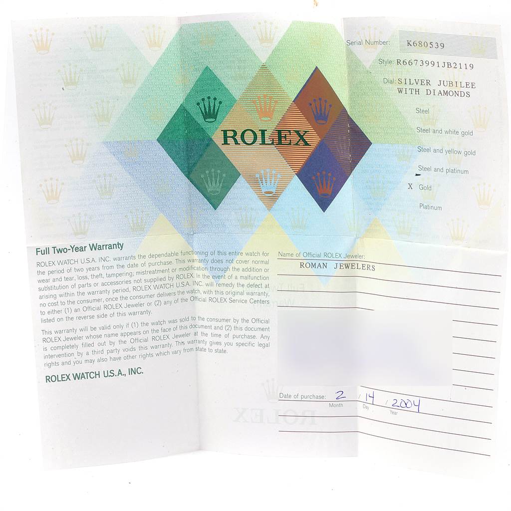 The image shows the warranty certificate and purchase information for a Rolex Cellini 6673 Women's White Gold Silver Dial 6673 Women's White Gold Silver Dial watch.