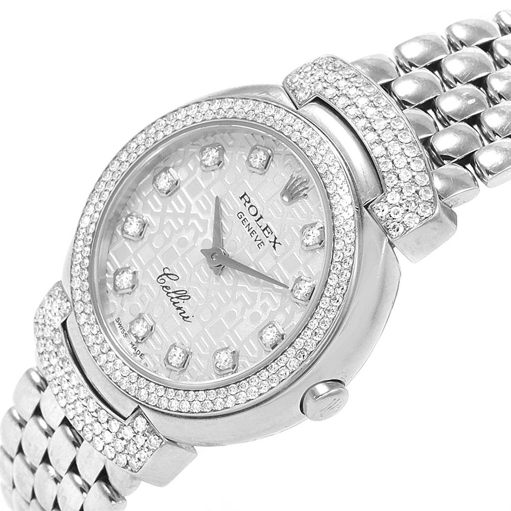 The Rolex Cellini 6673 Women's White Gold Silver Dial 6673 Women's White Gold Silver Dial watch is shown from a tilted close-up angle, displaying its dial, bezel, and part of the bracelet.