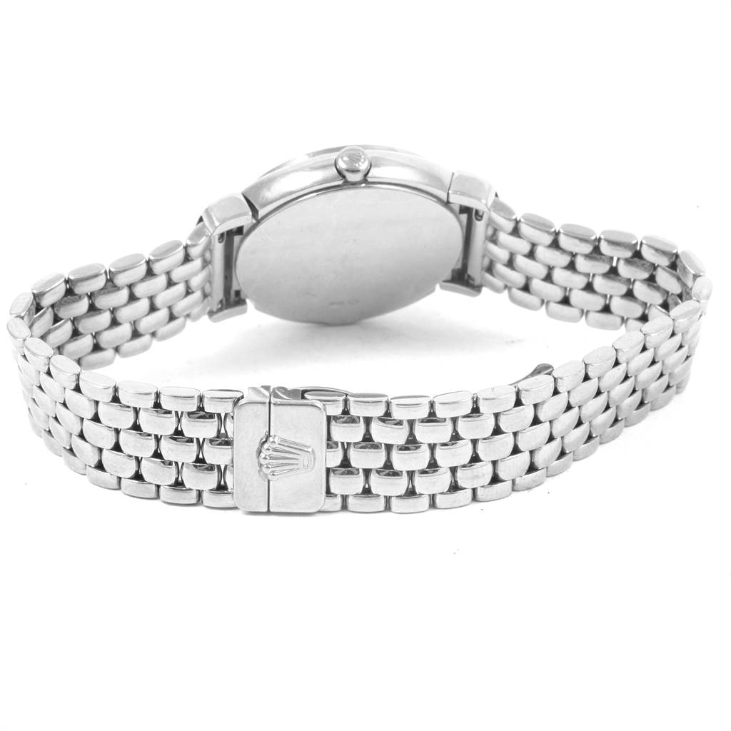 The image shows the back and bracelet of a Rolex Cellini 6673 Women's White Gold Silver Dial 6673 Women's White Gold Silver Dial watch, highlighting the clasp with the Rolex logo.