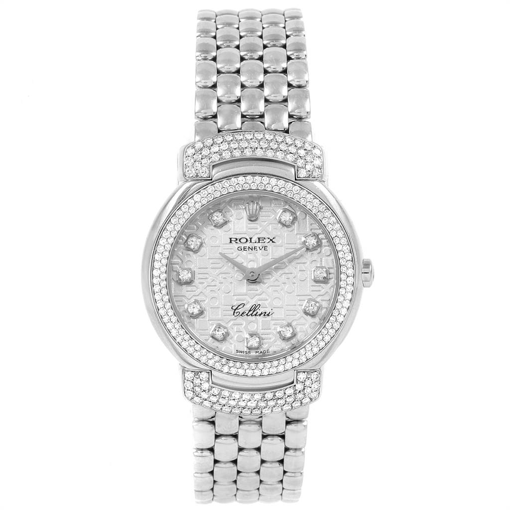 This image shows a front view of the Rolex Cellini 6673 Women's White Gold Silver Dial 6673 Women's White Gold Silver Dial watch, highlighting the face, bezel, and bracelet.