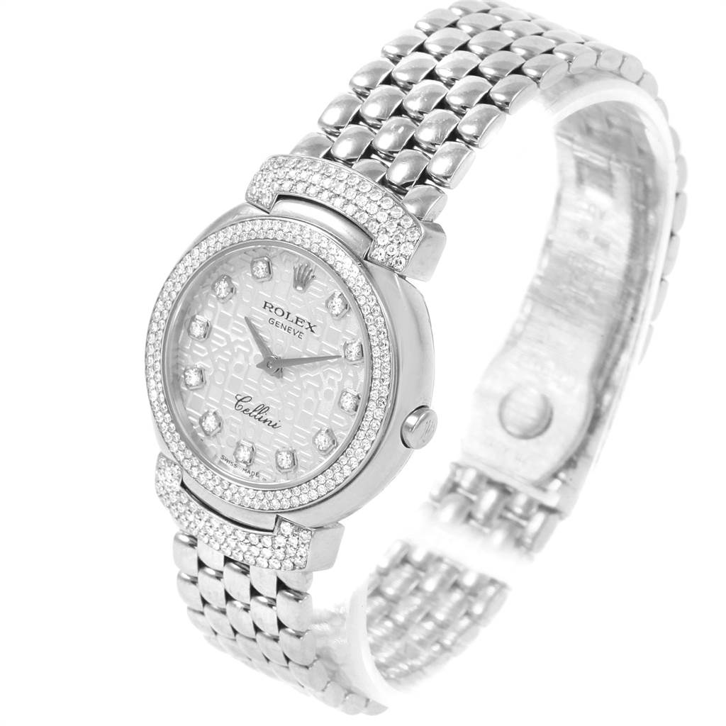 The image shows a Rolex Cellini 6673 Women's White Gold Silver Dial 6673 Women's White Gold Silver Dial watch angled from the front and left, highlighting the face, bezel, and bracelet.