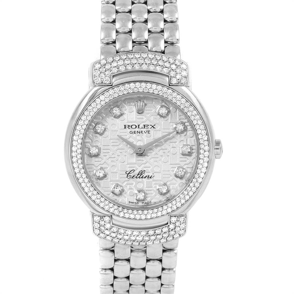 The image shows a front view of the Rolex Cellini 6673 Women's White Gold Silver Dial 6673 Women's White Gold Silver Dial watch, highlighting the face, bezel, and bracelet.