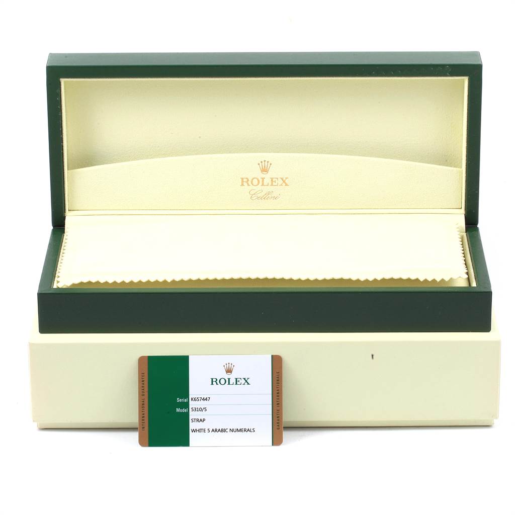 The image shows an empty Rolex Cellini 5310 Women's Rose Gold White Dial 5310 Women's Rose Gold White Dial watch box and a labeled card for the model.