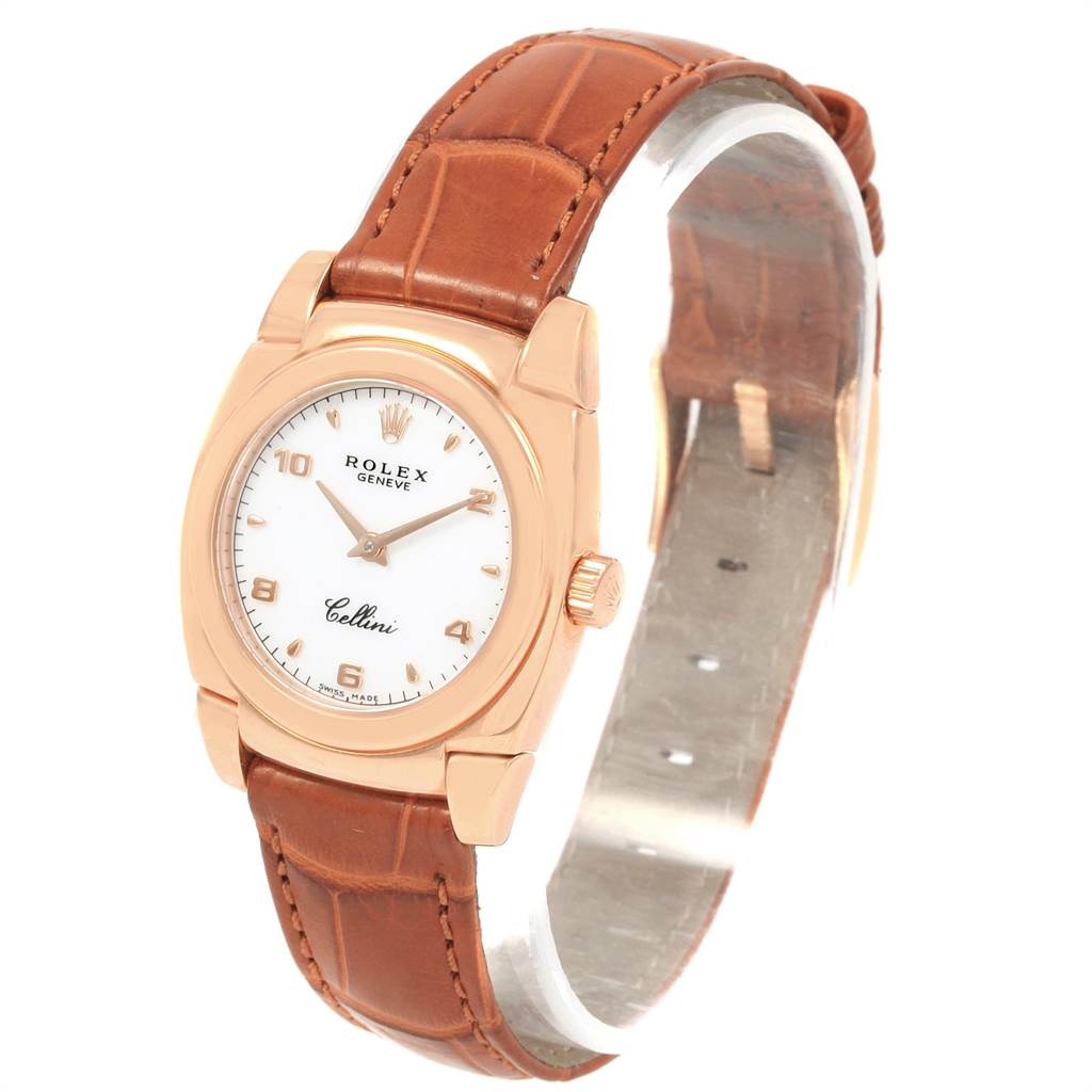 The image shows a Rolex Cellini 5310 Women's Rose Gold White Dial 5310 Women's Rose Gold White Dial watch at a three-quarter angle, highlighting its dial, case, crown, and brown leather strap.