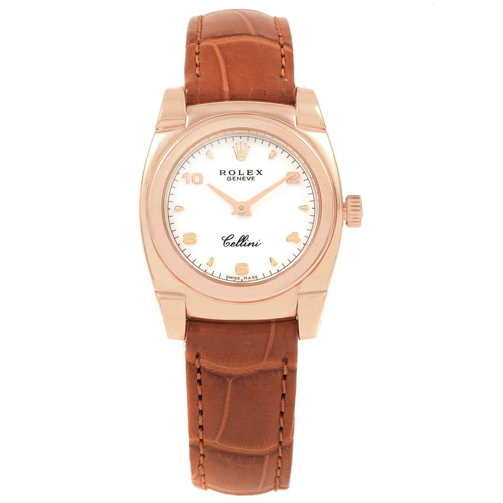 The image shows a front view of the Rolex Cellini 5310 Women's Rose Gold White Dial 5310 Women's Rose Gold White Dial watch, highlighting its dial, case, crown, and leather strap.