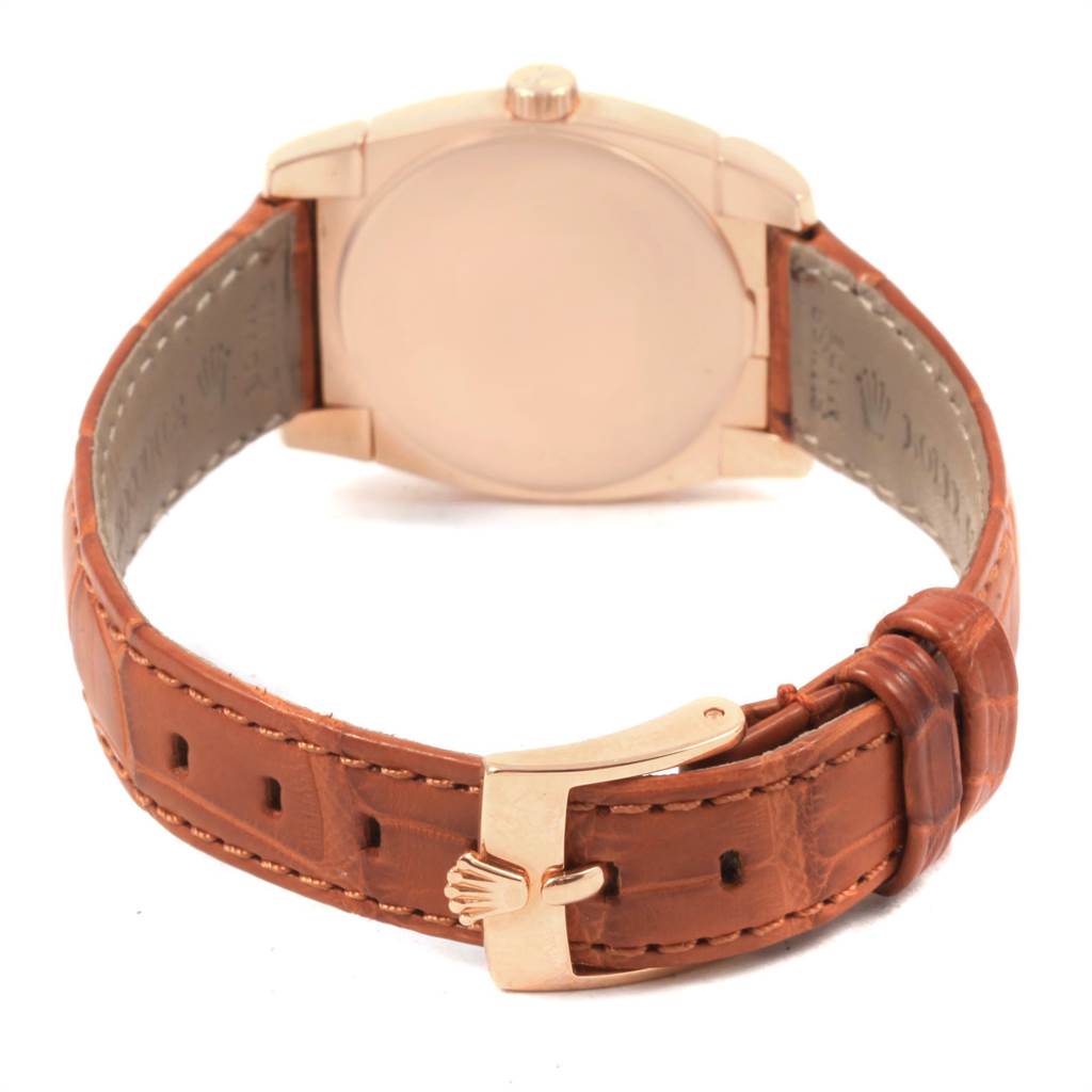 This image shows the back case and leather strap of a Rolex Cellini 5310 Women's Rose Gold White Dial 5310 Women's Rose Gold White Dial watch, viewed from the rear.