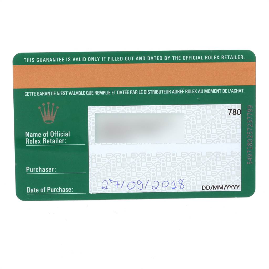The image shows the warranty card for a Rolex Cellini 5310 Women's Rose Gold White Dial 5310 Women's Rose Gold White Dial watch, displaying purchase details and retailer information.