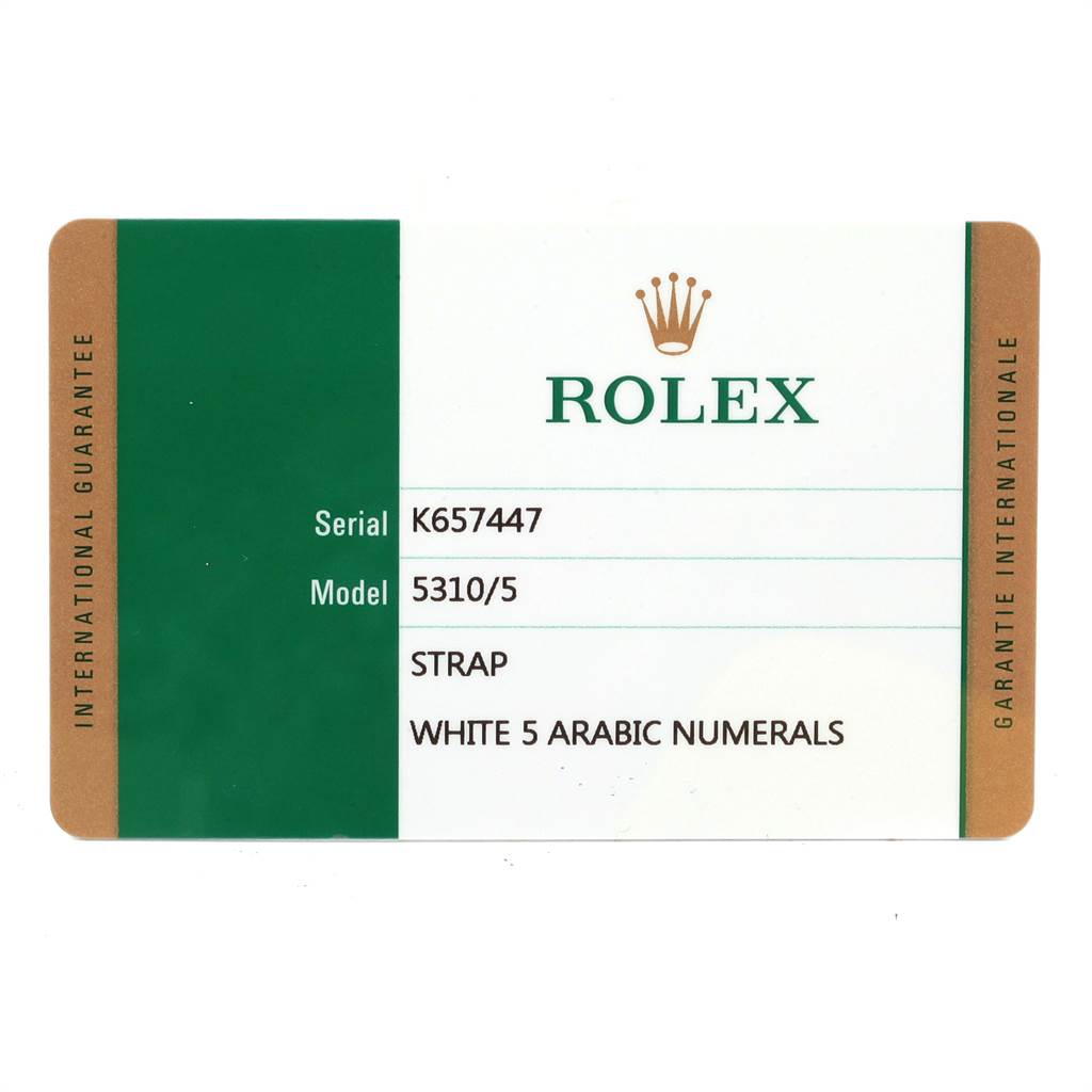 This is an image of a guarantee card for a Rolex Cellini 5310 Women's Rose Gold White Dial 5310 Women's Rose Gold White Dial watch, showing the serial number, model, and strap details.