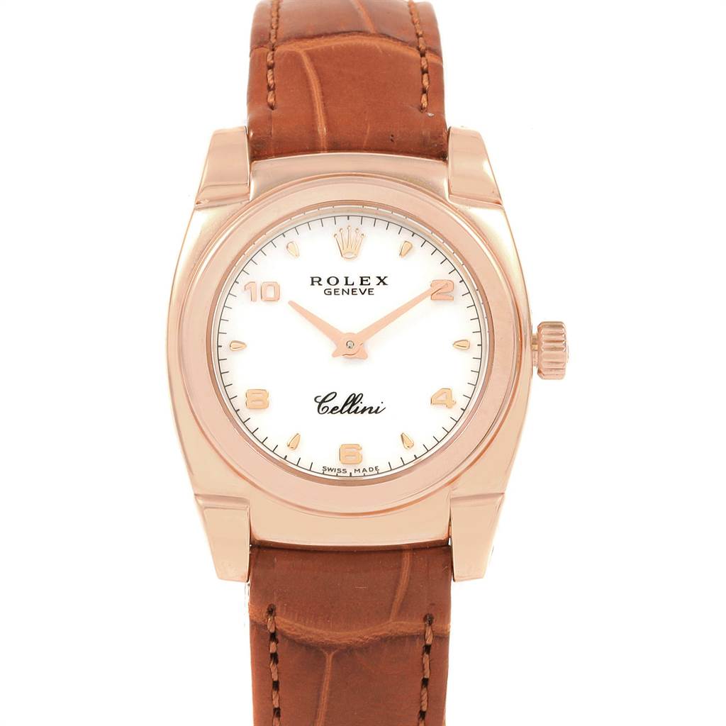 The image shows a front view of a Rolex Cellini 5310 Women's Rose Gold White Dial 5310 Women's Rose Gold White Dial watch, detailing the face, crown, and leather strap.