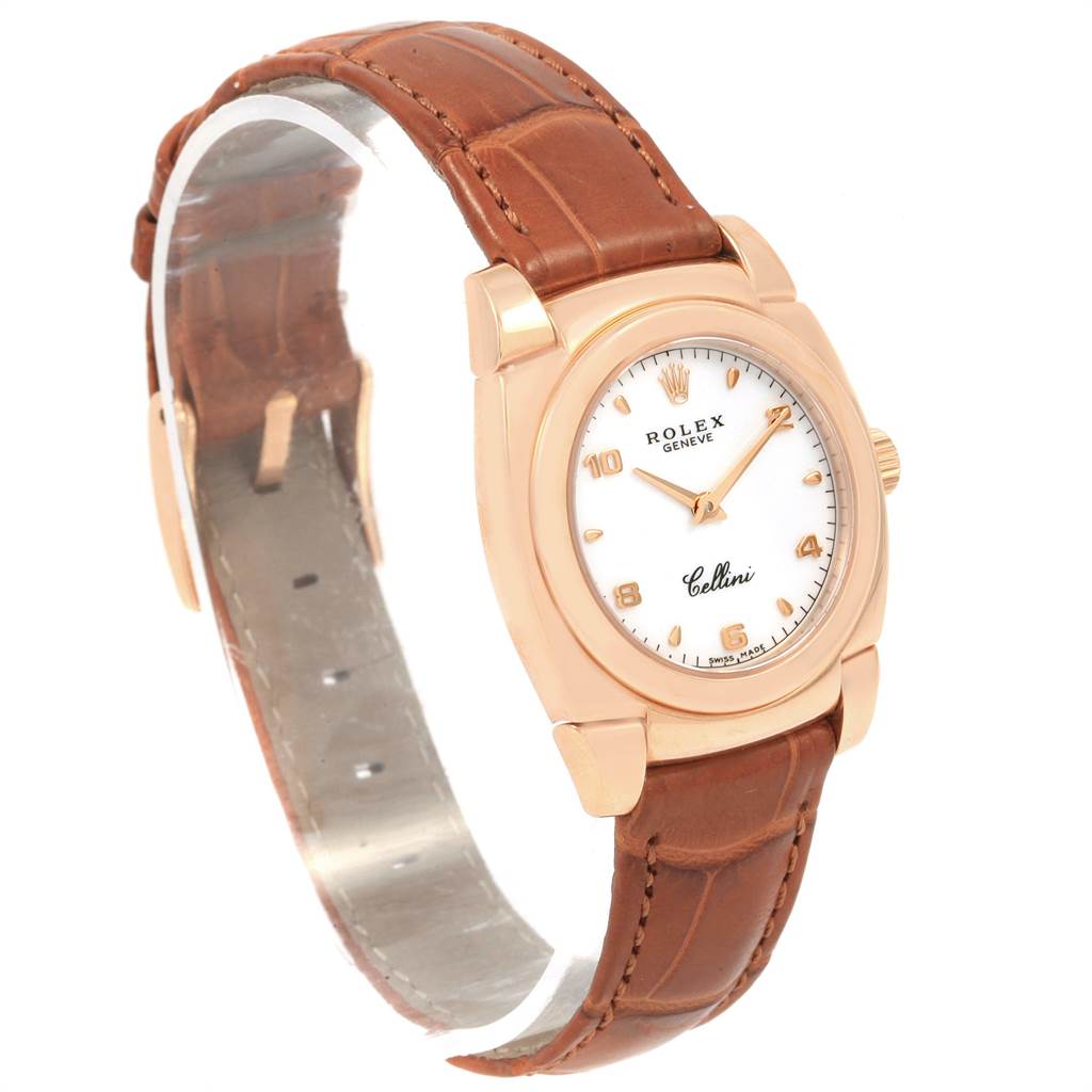 The image shows the Rolex Cellini 5310 Women's Rose Gold White Dial 5310 Women's Rose Gold White Dial watch from a side angle, highlighting the watch face, brown leather strap, and gold-toned case.
