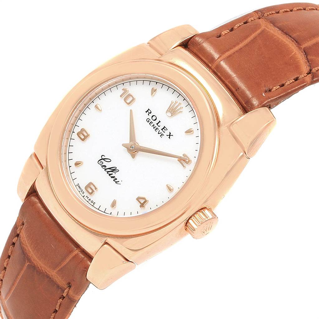The Rolex Cellini 5310 Women's Rose Gold White Dial 5310 Women's Rose Gold White Dial watch is shown at a slight angle, displaying its face, crown, and brown leather strap.