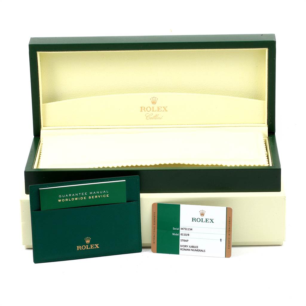 The image shows a Rolex Cellini 6110 Women's Yellow Gold Beige Dial 6110 Women's Yellow Gold Beige Dial watch box, guarantee manual, and a warranty card at a front angle.