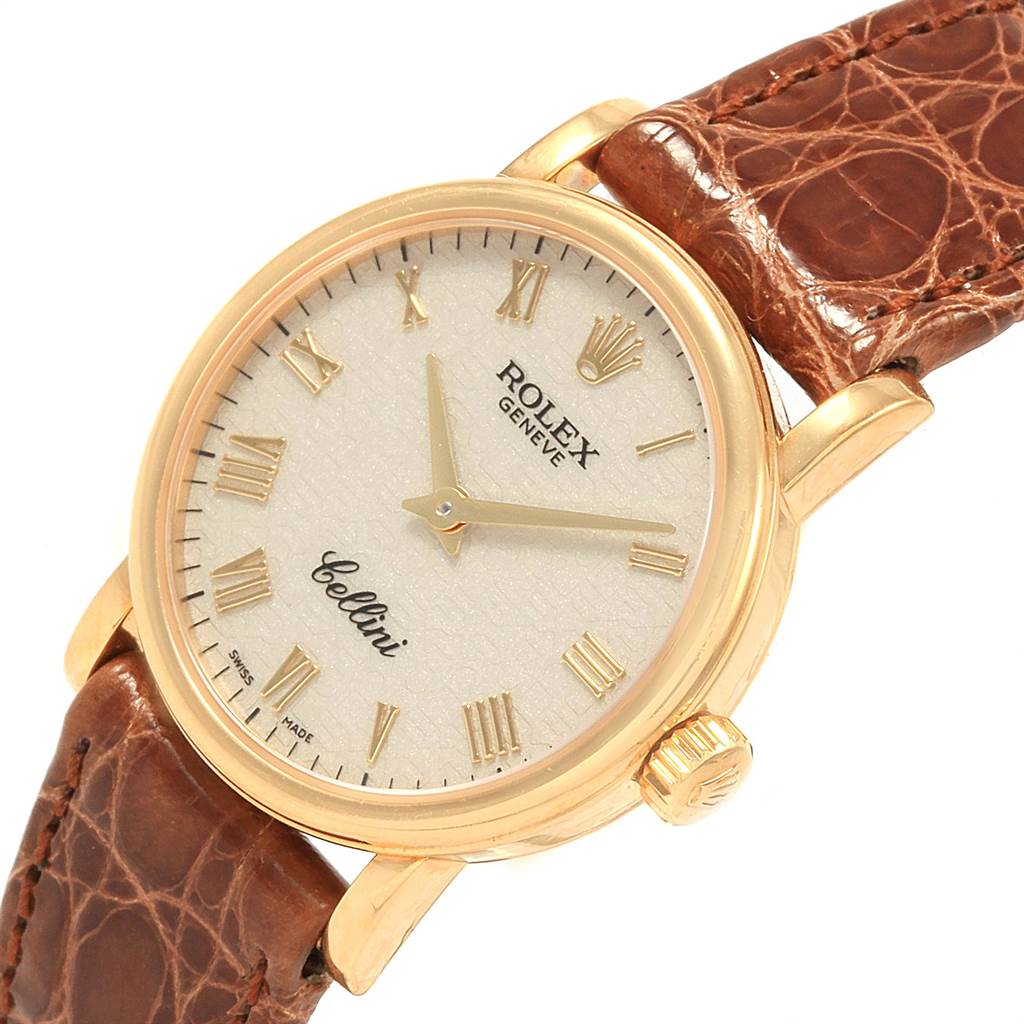 The image shows a Rolex Cellini 6110 Women's Yellow Gold Beige Dial 6110 Women's Yellow Gold Beige Dial watch at an angled view, highlighting the face, crown, lugs, and leather strap.
