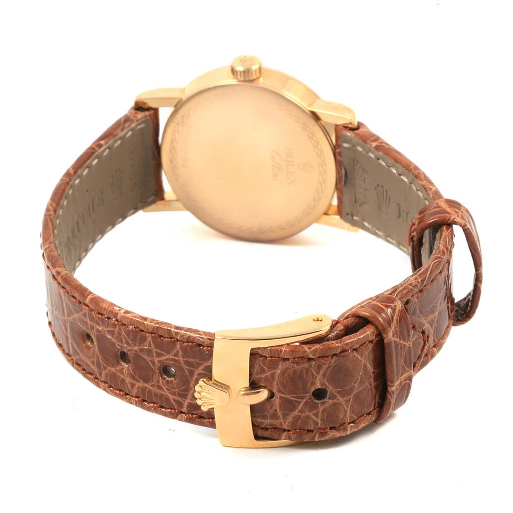 The image shows the back case and strap of a Rolex Cellini 6110 Women's Yellow Gold Beige Dial 6110 Women's Yellow Gold Beige Dial watch from an angled rear view.