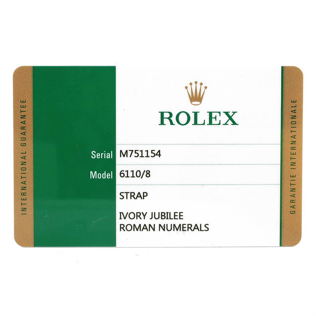 The image shows an international guarantee card for a Rolex Cellini 6110 Women's Yellow Gold Beige Dial 6110 Women's Yellow Gold Beige Dial model 6110/8 watch.